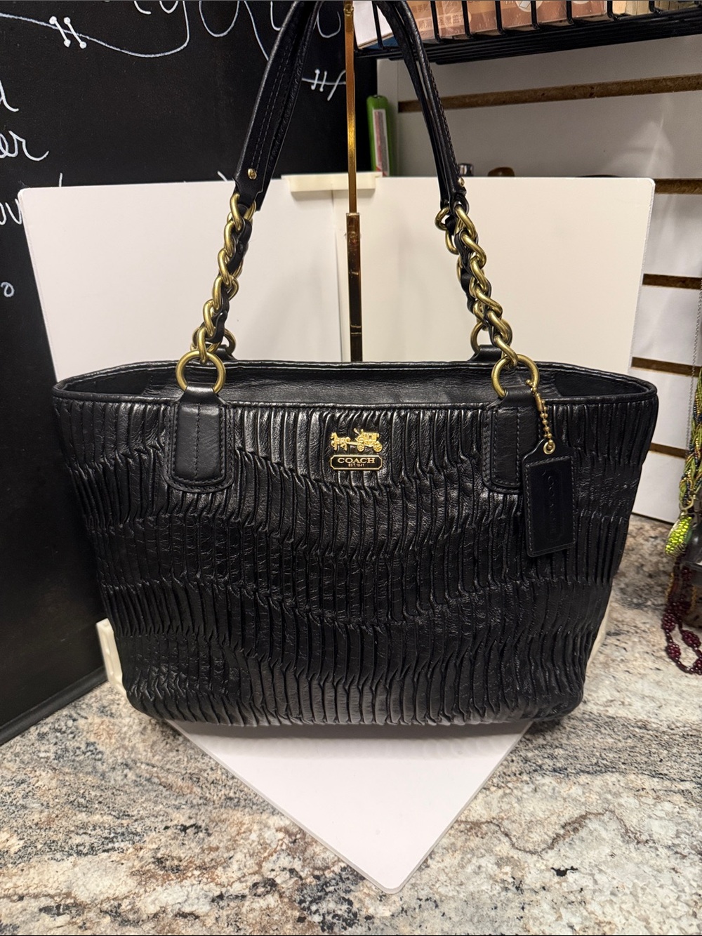 Coach Madison Gathered Leather Black Leather with Chain brass Handles D1282-2052